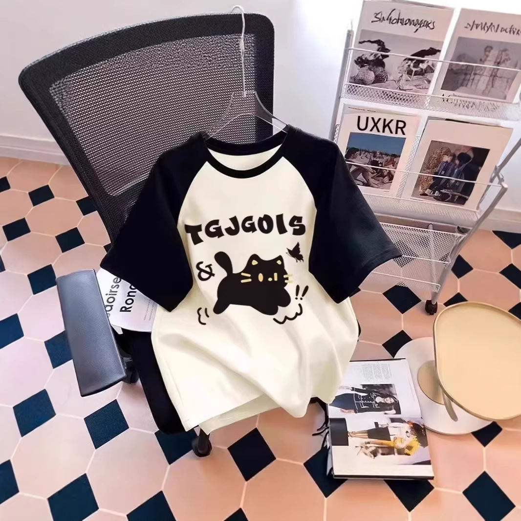 中大童短袖t恤女童宽松纯棉2026夏季新款插肩袖撞色打底衫上衣