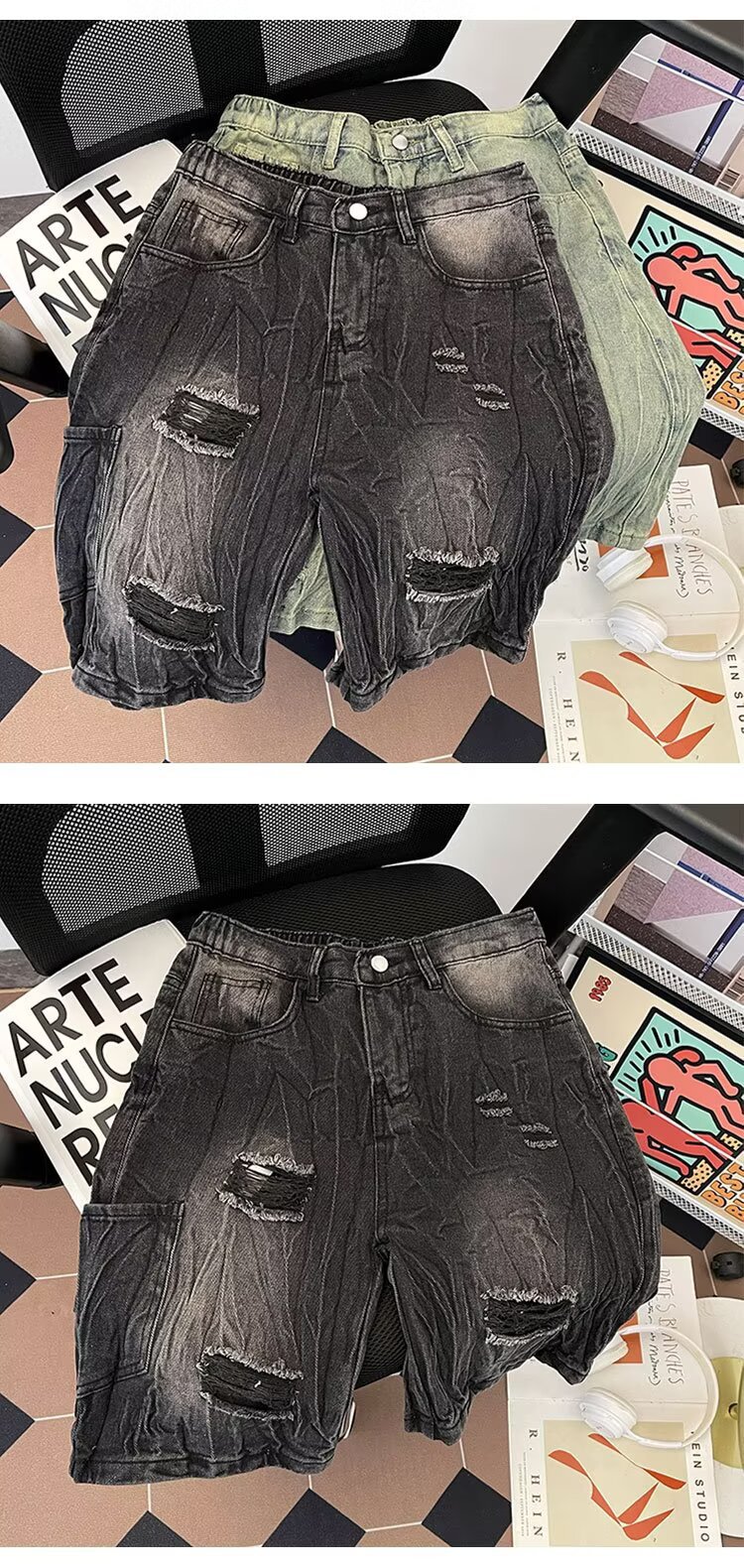 Men's Trendy Distressed Denim Shorts Summer Loose Fitting Washed Five Quarter Length Pants Street Style Trousers_mkmklike.com