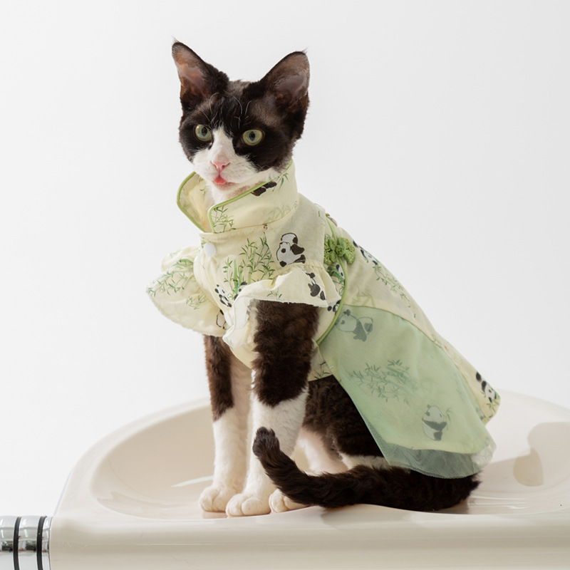 Primavera y verano gato estilo nacional estilo chino hebilla hoja de bambú vestido de panda gato sin pelo traje de pareja camisa ropa para mascotas