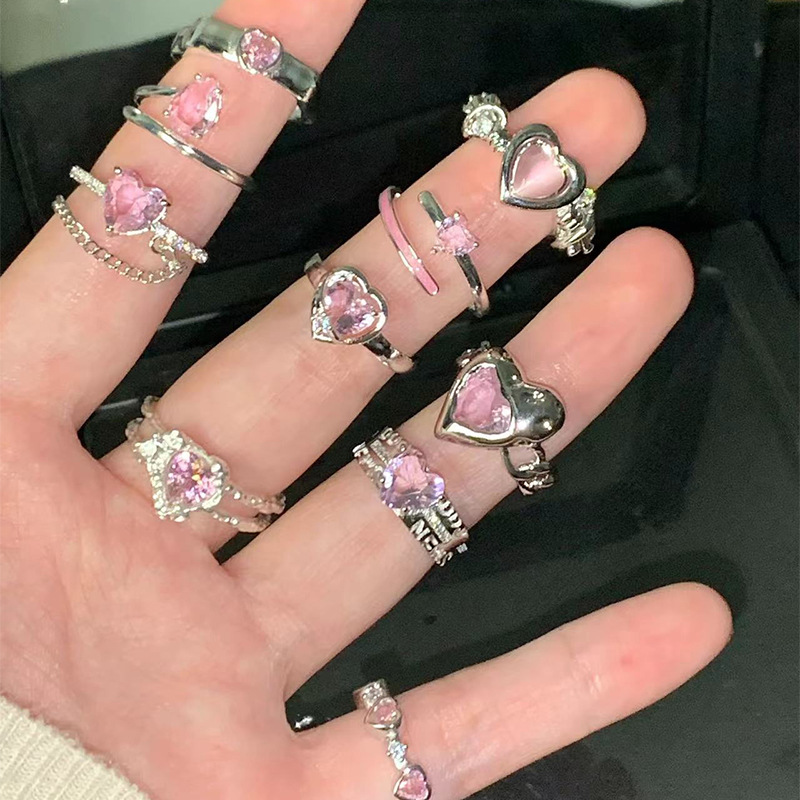 Sweet wind full drill stack wearing cherry blossom pink heart zircon ring female Instagram opening adjustment ring new tide