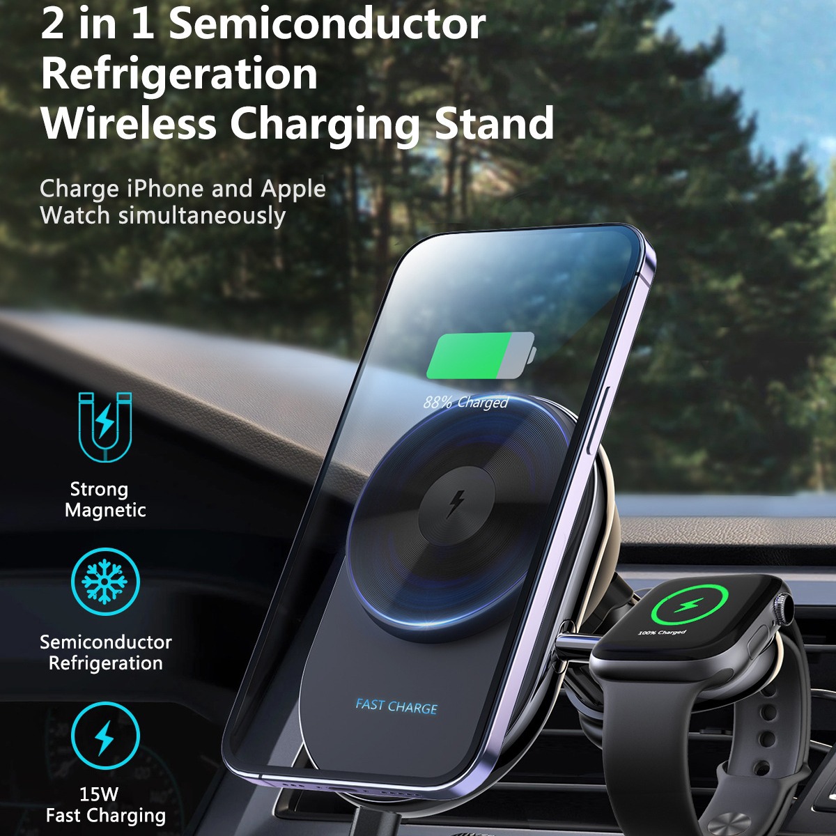 El cargador inalámbrico del coche de la refrigeración magnética transfronteriza de MagSafe del KC conveniente para Apple mira el tenedor del teléfono móvil