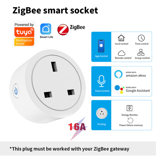 Tuya Zigbee smart socket British standard plug directly connected to ALexa speaker British standard 16A with metering statistics