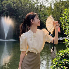 新中式国风上衣短袖小个子衬衫女夏季复古国潮民族新旗袍系带上衣