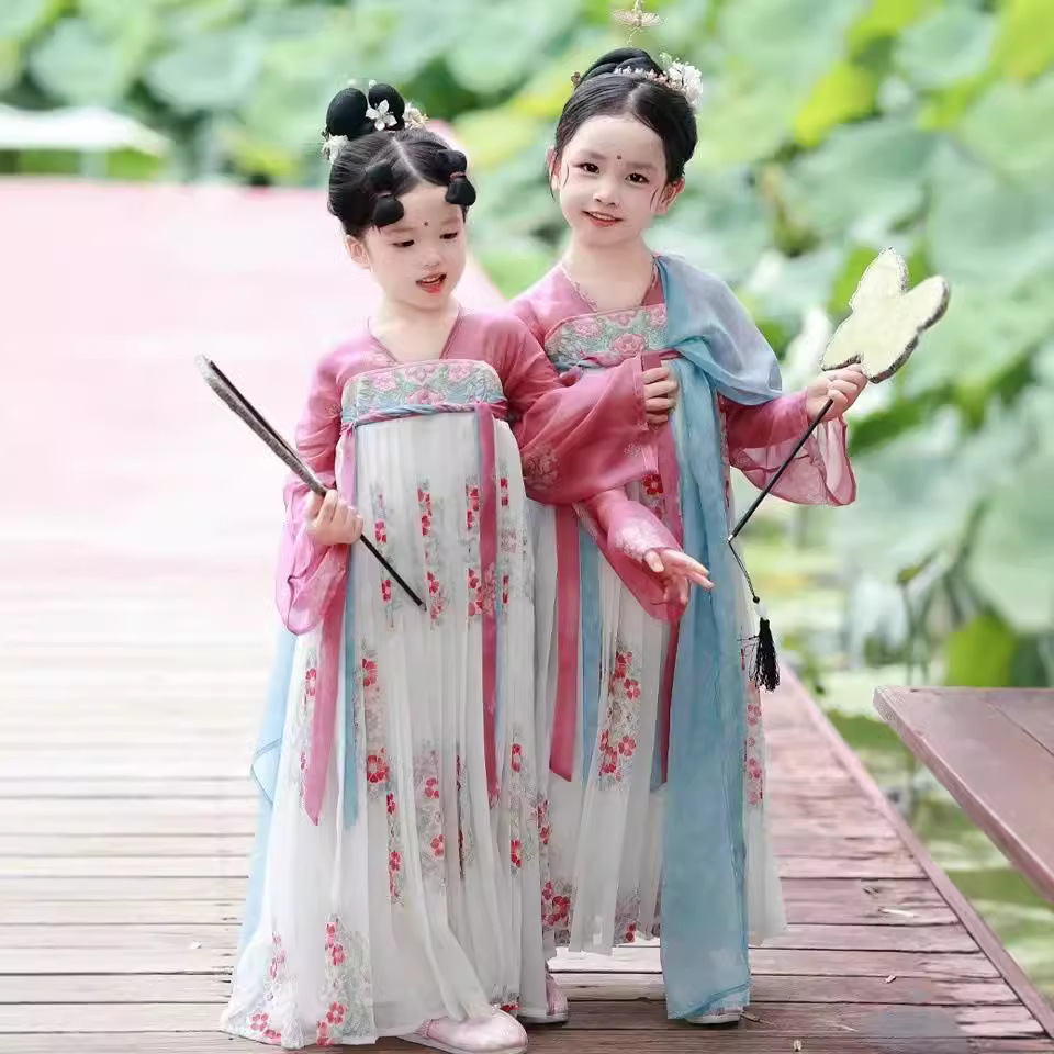 汉服女童宋朝宫廷风飘带连衣裙纱裙长纱袖古典舞练功服团体演出服