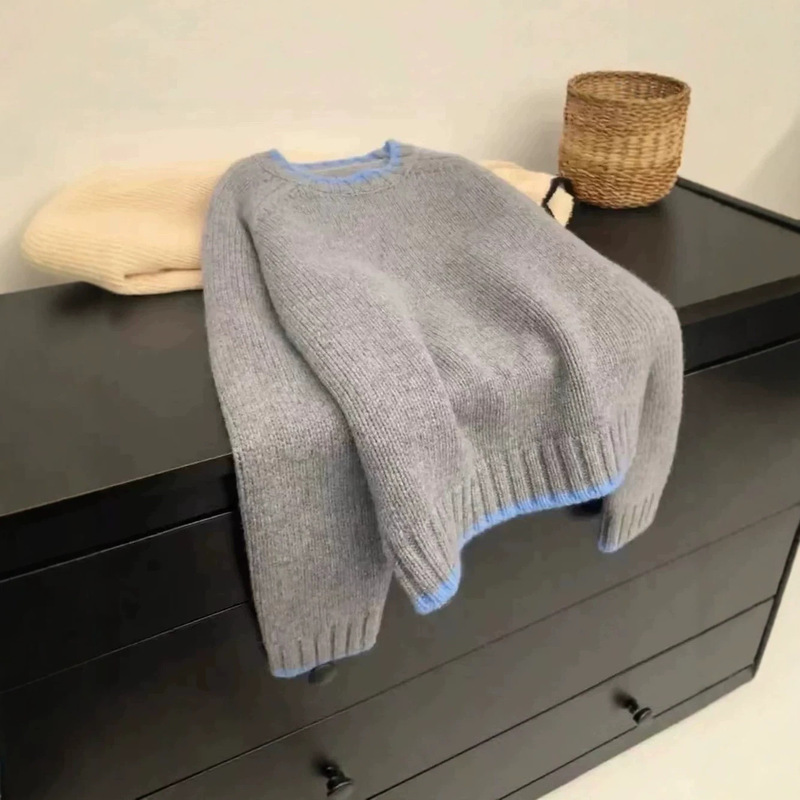 New Autumn and Winter Thickened Comfortable Soft 100% Pure Wool Pullover Color-Blocked Round-Neck Women's Short Knitted Sweater