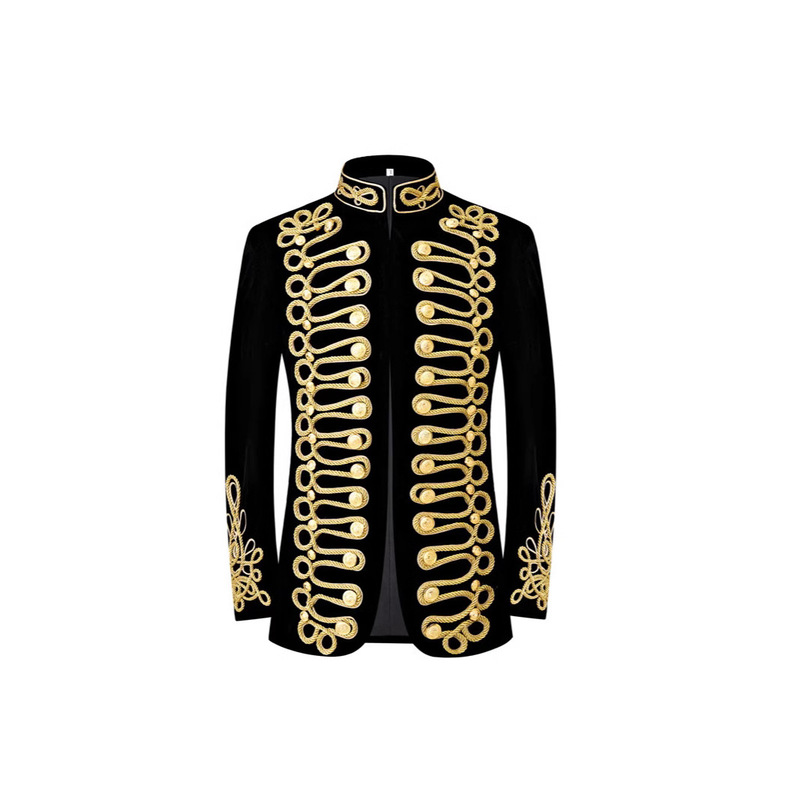 Men's European-style Court Suit Aristocratic Retro Military Dress Velvet Handmade Coat with Gold Rope Black-inlaid Coat