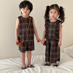 Children's Summer suit Baby 2025 New Boys' Vest Summer Casual Girls' Wide Leg Pants Siblings and Siblings