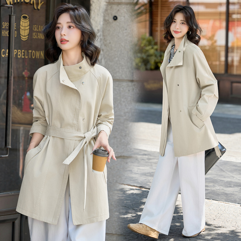 2025 Authentic Women's Autum Mid-Length Windbreaker Korean Style Versatile Small High-End Windbreaker Versatile Jacket Wholesale