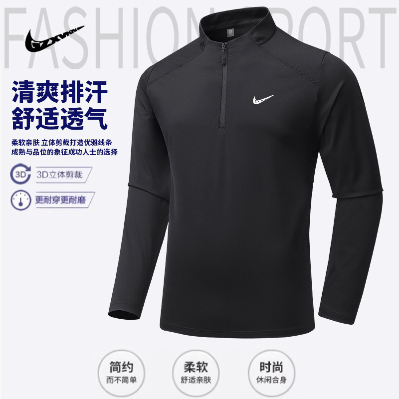 Men's Spring New Outdoor Sweat Collar Long Sleeve Sports T-shirt Elastic Unrestrained Men's Half Zipper Sweat