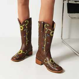 外贸大码35-48码男女鞋复古刺绣靴子绣花方头情侣靴高筒靴W374