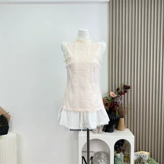 诺曼依全店现货私服线淡粉色无袖衬衫女中古小香风蕾丝边背心上衣