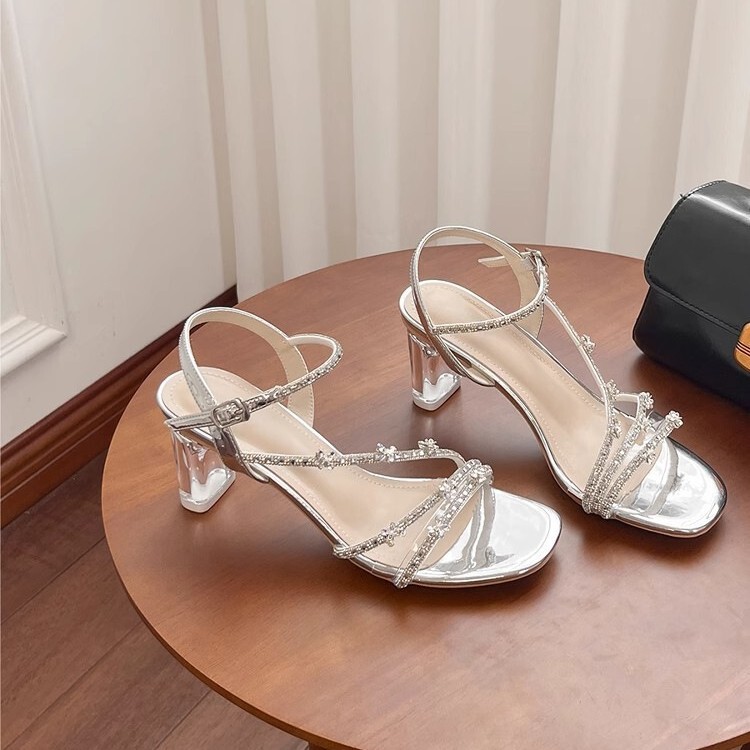 2025 New Style Silver Rhinestone One-Strap High-Heeled Sandals for Women, Paired with Skirts, French-Style Elegant Transparent Crystal High Heels