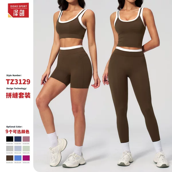 Zechuang Cross-Border Color-Blocked Naked-Feel Yoga Set Ribbed High-Waisted Outdoor Casual Versatile Fitness Sports Set 3129
