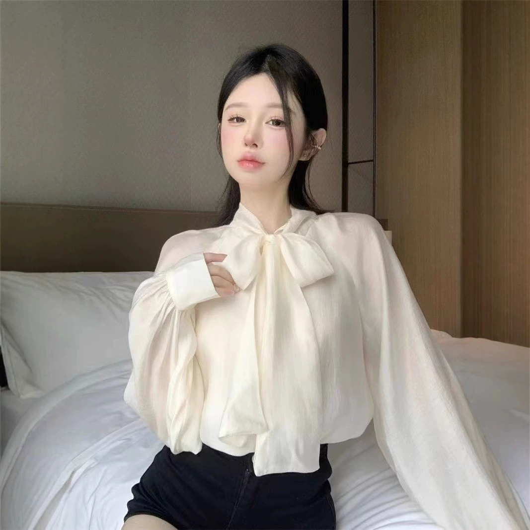 Трансграничный французский темперамент бант с длинными рукавами рубашка женский дизайн шикарная рубашка весна осень новый топ