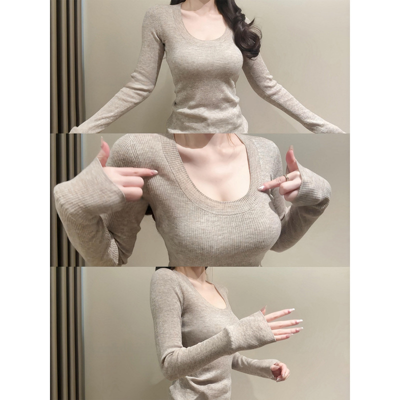 Pure Desire Hot Girl U-Neck Knitted Sweater Autumn Winter Ribbed Slim Fit Slimming Sweater Sexy Base Layer Long Sleeve Top for Women Pure Desire Hot Girl U-Neck Knitted Sweater Autumn Winter Ribbed Slim Fit Slimming Sweater Sexy Base Layer Long Sleeve Top for Women
