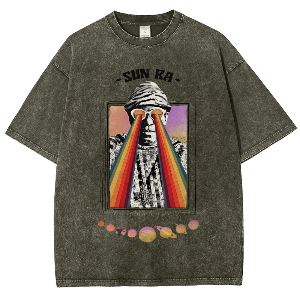 INS ホットセールメガネレインボーストリートクールレトロルーズラウンドネックピュアコットンメンズ Tシャツウォッシュ加工男性と女性用