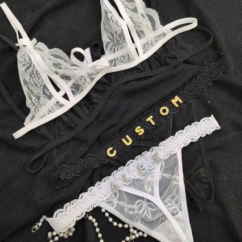 Cross-border lace transparent underwear sexy T-pants suit rhinestone letter full lace thong Cross-border lace transparent underwear sexy T-pants suit rhinestone letter full lace thong