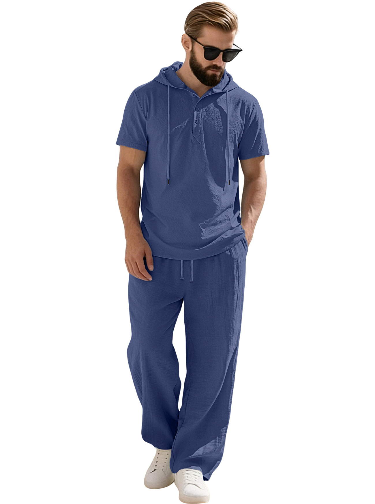 Transfronterizos Europa y América Amazon hombre nuevo encapuchado abrazado camisa de algodón y lino de manga corta casual pantalones largos de manga corta set hombre