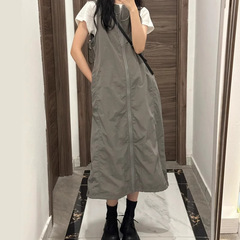 山系黑色工装背心裙女夏季胖mm大码连衣裙微胖掐腰裙显瘦背带裙子