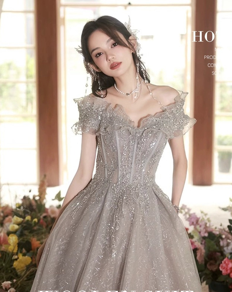 Đầm dạ hội nữ kiểu Pháp thiết kế trễ vai thanh lịch — Màu xám nhạt chi tiết 1