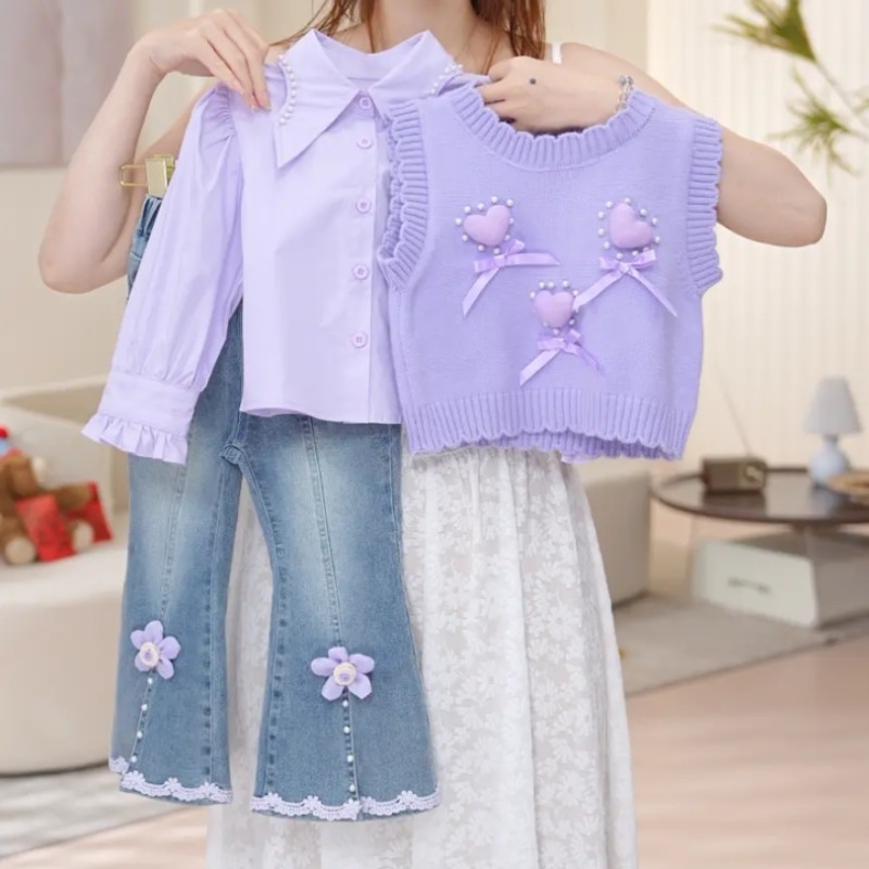2025女童套装秋季新款感千金风粉色爱心马甲衬衫牛仔裤三件套|undefined
