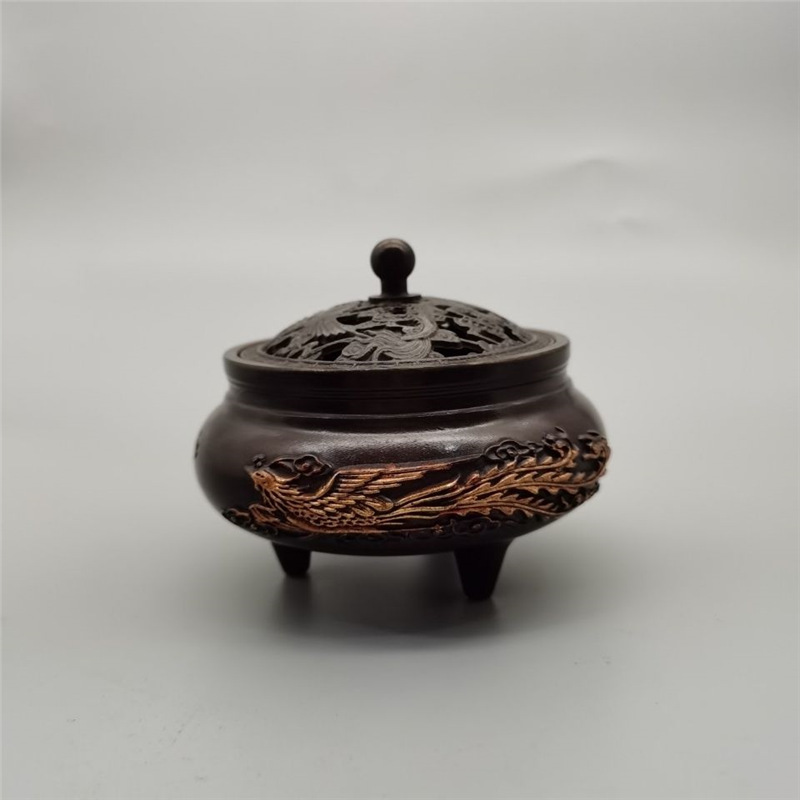 Antique Copper Collection, Dragon and Phoenix Dragon Bottom Incense Burner, Tea Ceremony Incense Burner Ornaments, Home Living Room Wine Cabinet Ornaments
