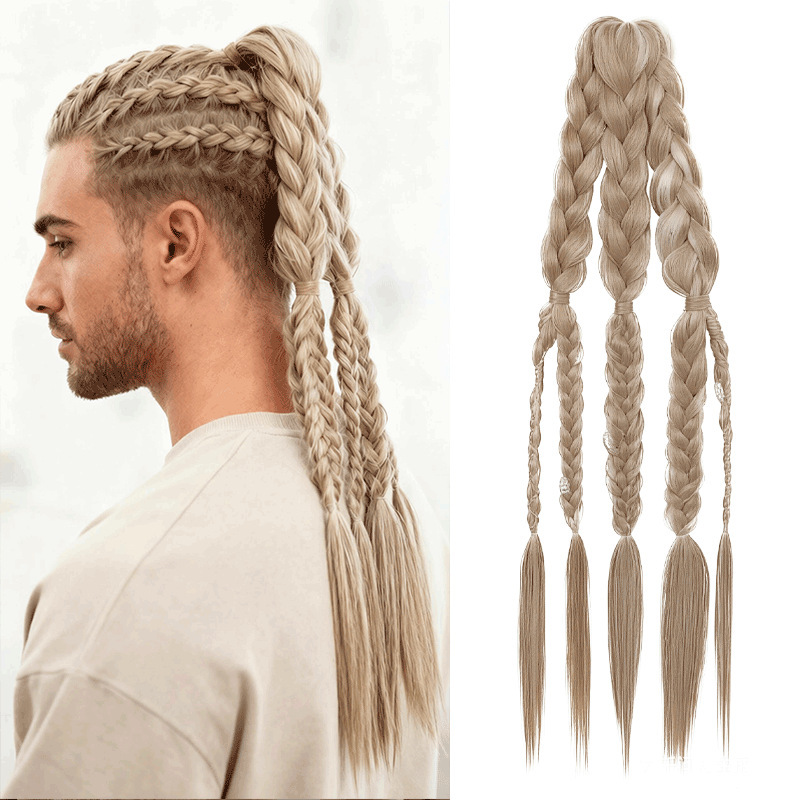 Foreign Trade Cross-Border Viking Men's Wig Ponytail Synthetic Fiber Hair Extension 24inch Braided Ponytail Wig Manufacturer in Stock Foreign Trade Cross-Border Viking Men's Wig Ponytail Synthetic Fiber Hair Extension 24inch Braided Ponytail Wig Manufacturer in Stock