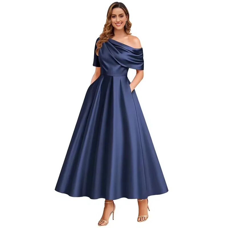 Amazon European and American Cross-Border Evening Dress New Model 2026 Elegant Satin Off-Shoulder Solid Color Backless Dress