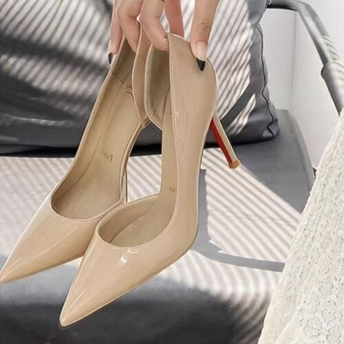 Pointed side hollow sexy nude high heels for women, beautiful fine heels, black patent leather single-layer shoes, 2025 new spring and autumn style