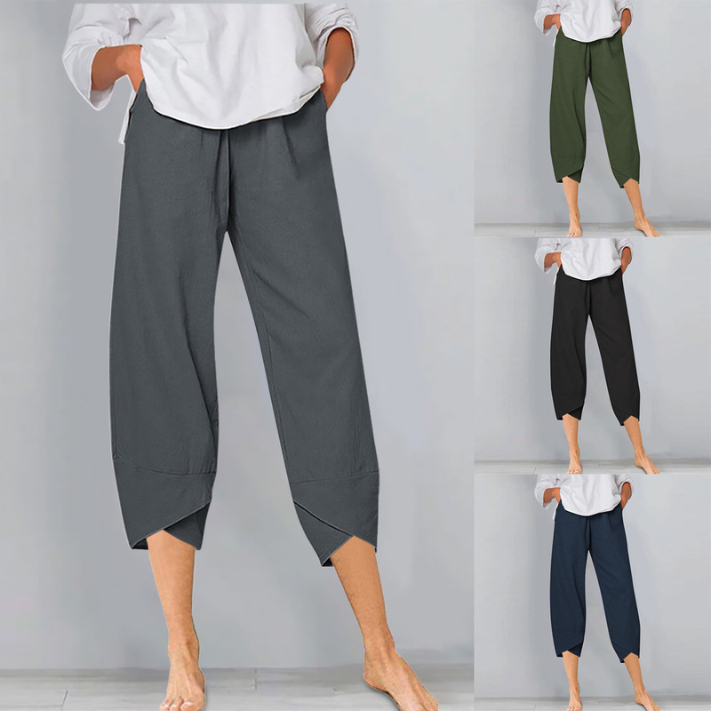 Spring and summer 2024 new foreign trade elastic waist cotton linen loose casual pants capri pants women Spring and summer 2024 new foreign trade elastic waist cotton linen loose casual pants capri pants women