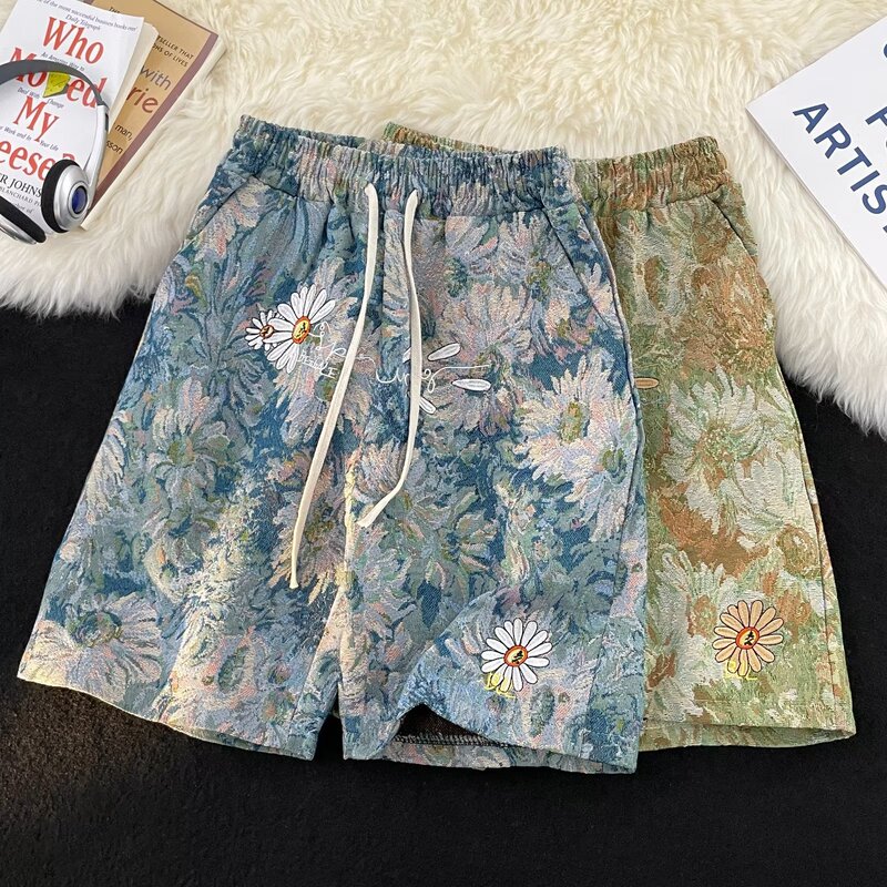 2023 Summer New Personalized Floral Print Casual Pants Shorts Loose Fashion All-match Straight Pants in stock
