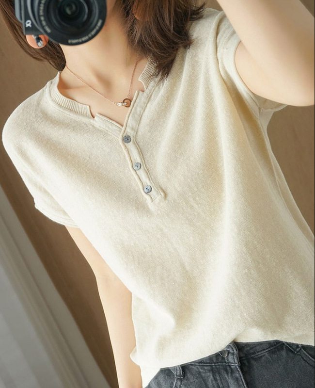 Foreign Trade Cotton and Linen Knitted Short-sleeved T-shirt Women's V-neck Pullover Cotton Linen Top Vest Loose Large Size Slimming Base Shirt