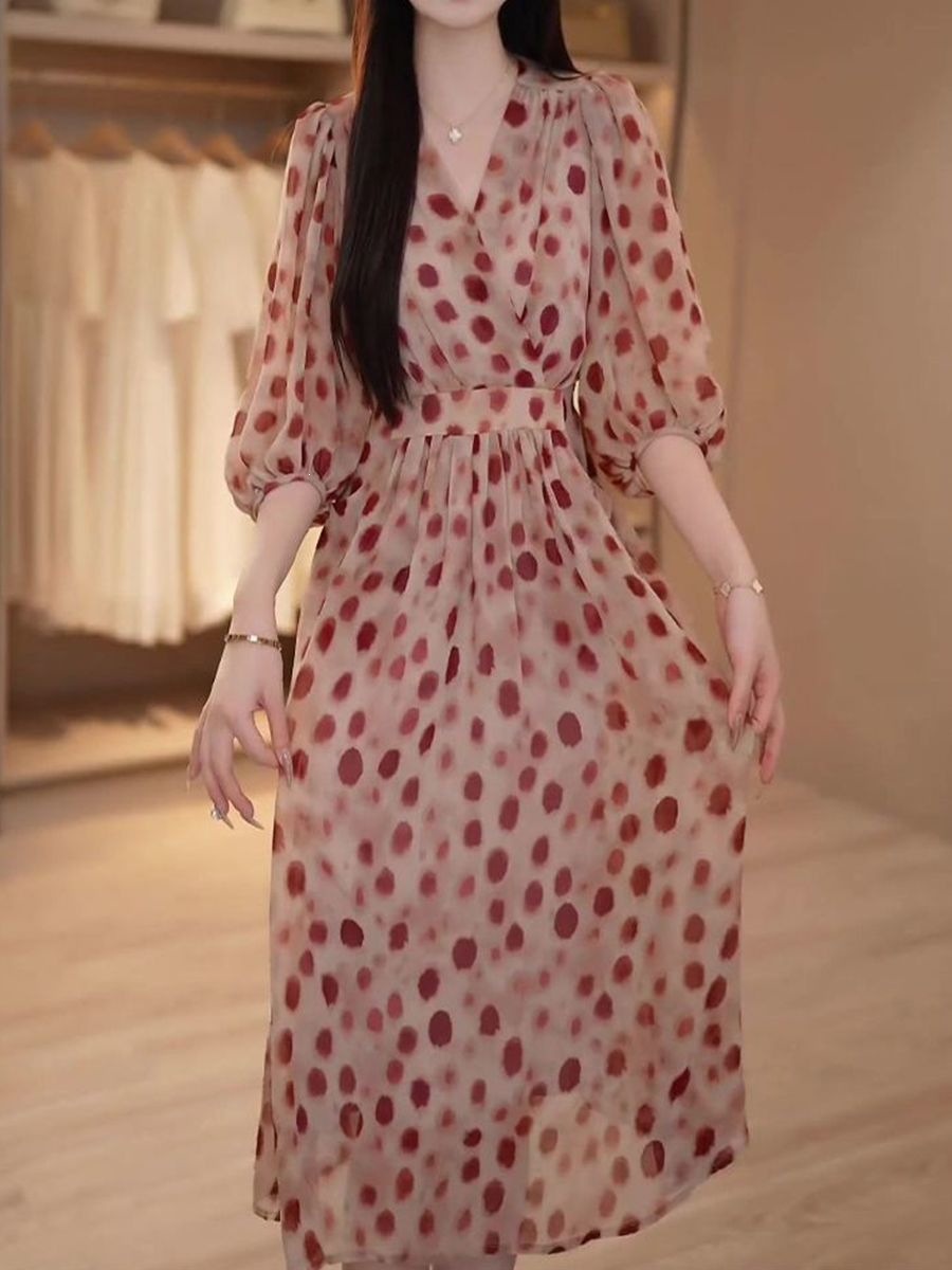 Đầm maxi nữ thắt eo họa tiết chấm bi sóng Pháp 2026 — Red wave dots (có lớp lót) chi tiết 10