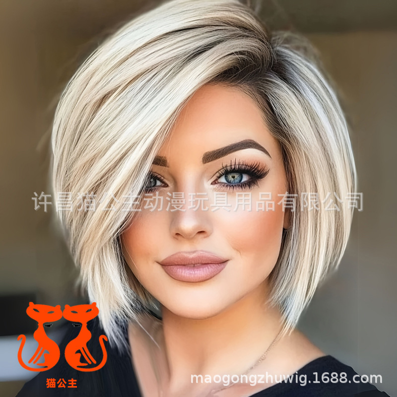 ヨーロッパとアメリカの女性のショートストレートヘアファッションゴールデンウィッグ染色高温シルクローズインナーネット女性用ヘッドギアメーカー在庫あり|undefined