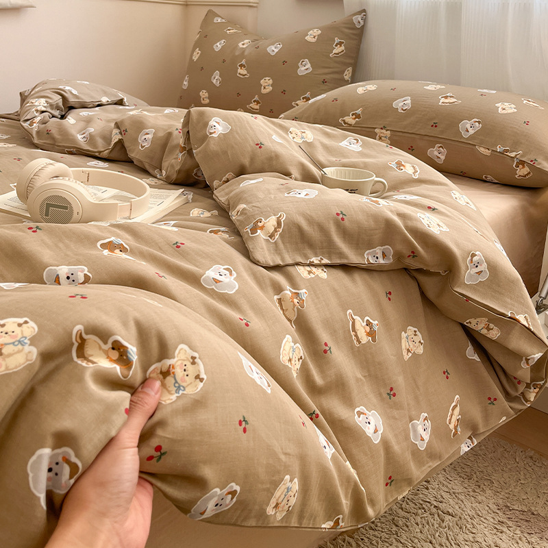 Juego de cuatro piezas de cama de algodón de hilo de doble capa 2025 nueva funda de edredón de sábana ropa de cama de dormitorio de estilo pastoral