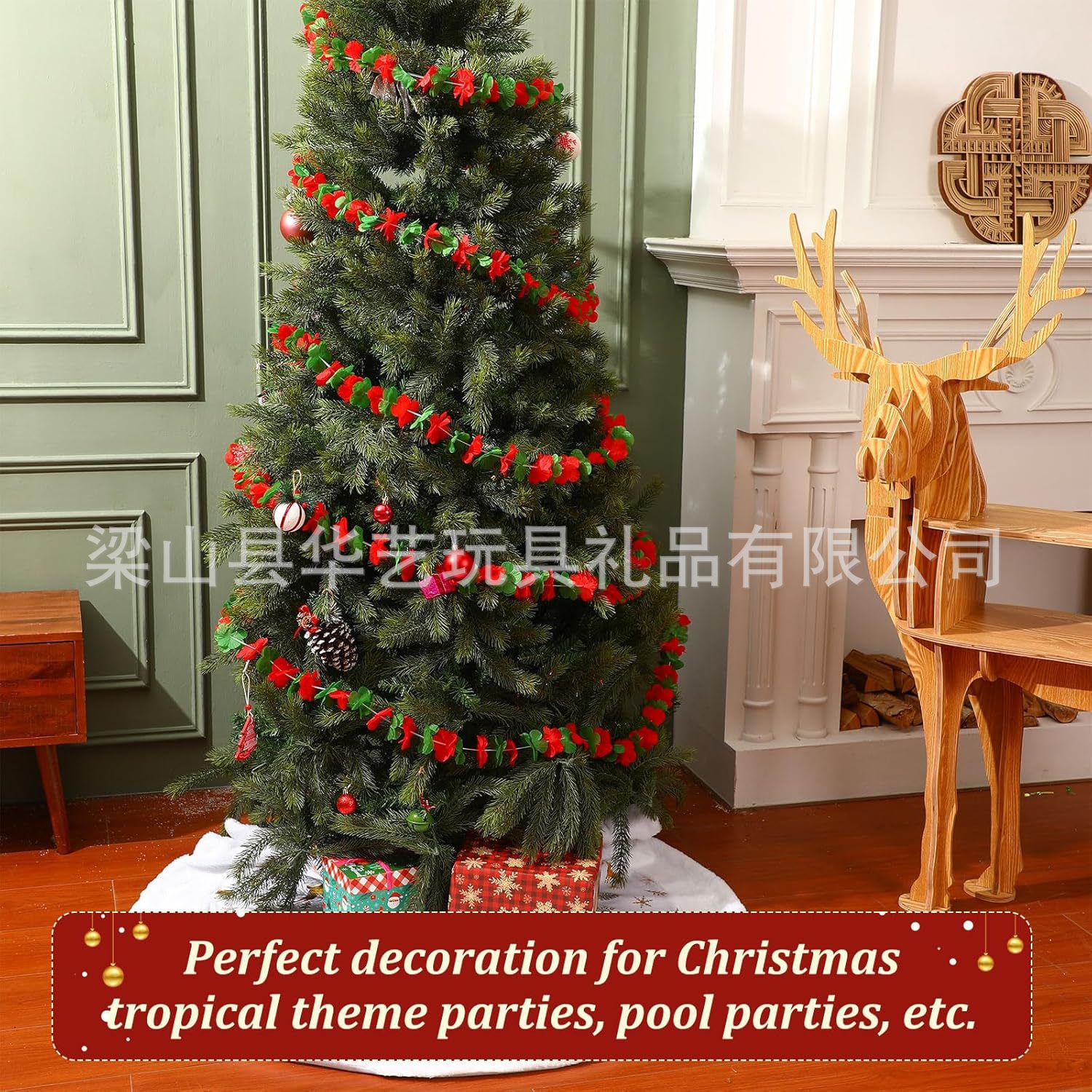 Nuevas guirnaldas hawaianas transfronterizas árbol de Navidad decoración de fiesta flor collar decoración flor flor de atmósfera roja y verde