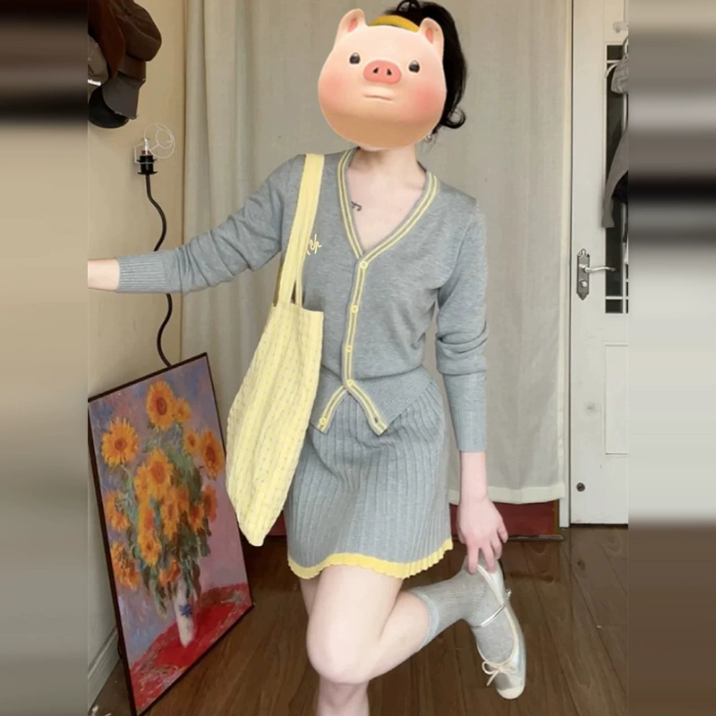 Летнее платье в стиле преппи Xiaoxiang, серое, с длинными рукавами, 2025, ранняя весна, новый элегантный костюм с короткой юбкой для женщин