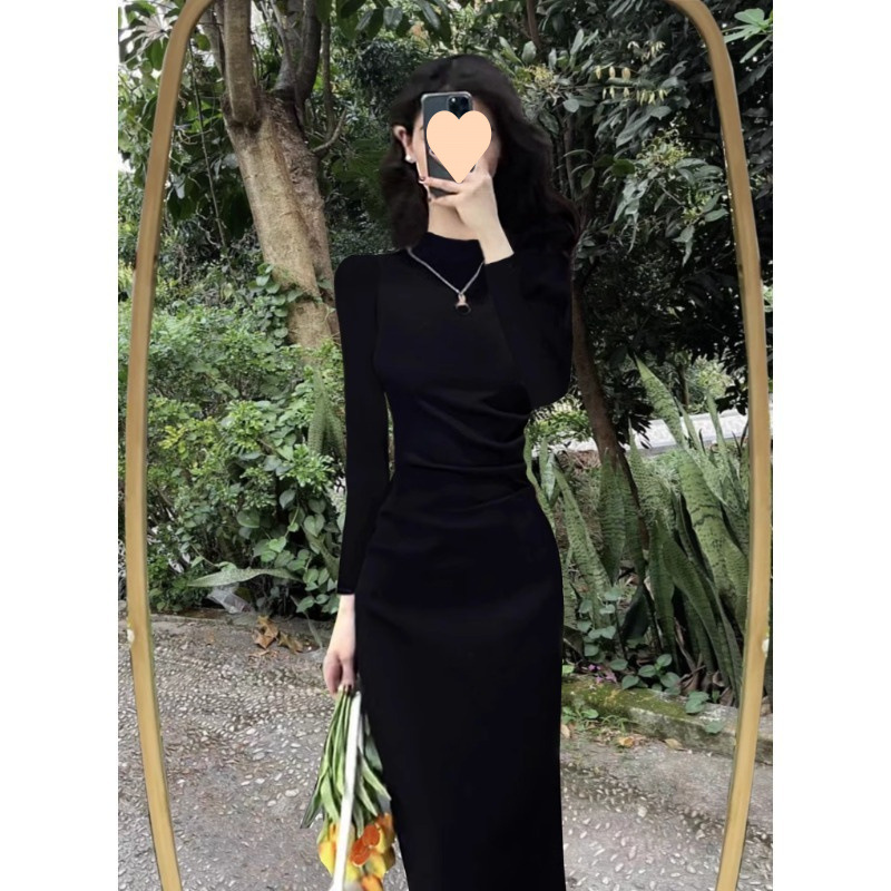 Half turtle neck knit Korean slim long dress 2025 new black inner bottom hip skirt for women