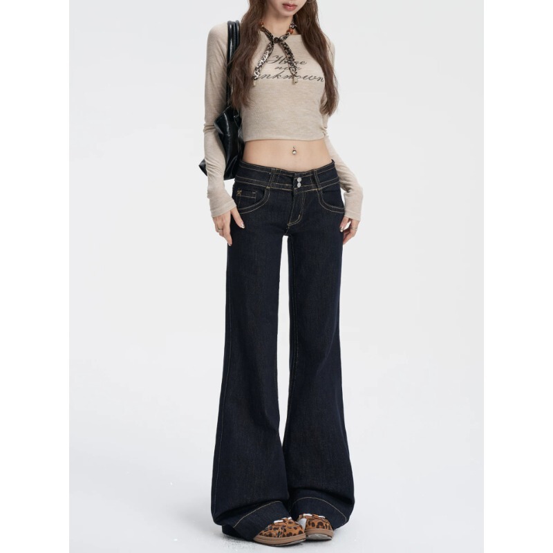 Dark Blue Flared Jeans for Women 2026 New Spring/Summer Slim Fit Non-Tight Low-Waist American Style Petite Straight Pants Dark Blue Flared Jeans for Women 2026 New Spring/Summer Slim Fit Non-Tight Low-Waist American Style Petite Straight Pants