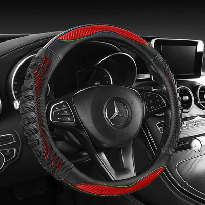 New car steering wheel cover, temperature-regulating, wear-resistant, universal steering wheel protector, spliced, breathable, non-slip steering wheel cover (Steering wheel cover) - sports-red-round-shape