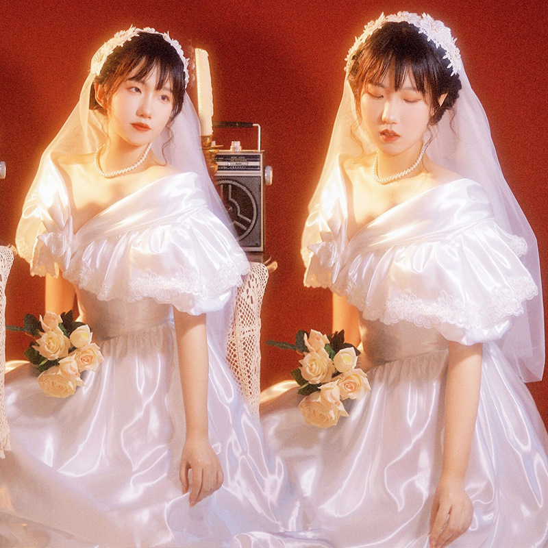 New Retro Nostalgic Wedding Dress Hong Kong Style Lace Shoulder White Yarn Photo Studio Theme Light Dress
