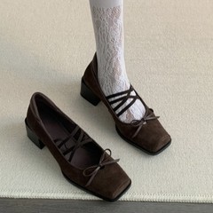 蝴蝶结芭蕾风单鞋2025年秋冬新款棕色复古方头粗跟玛丽珍鞋女浅口