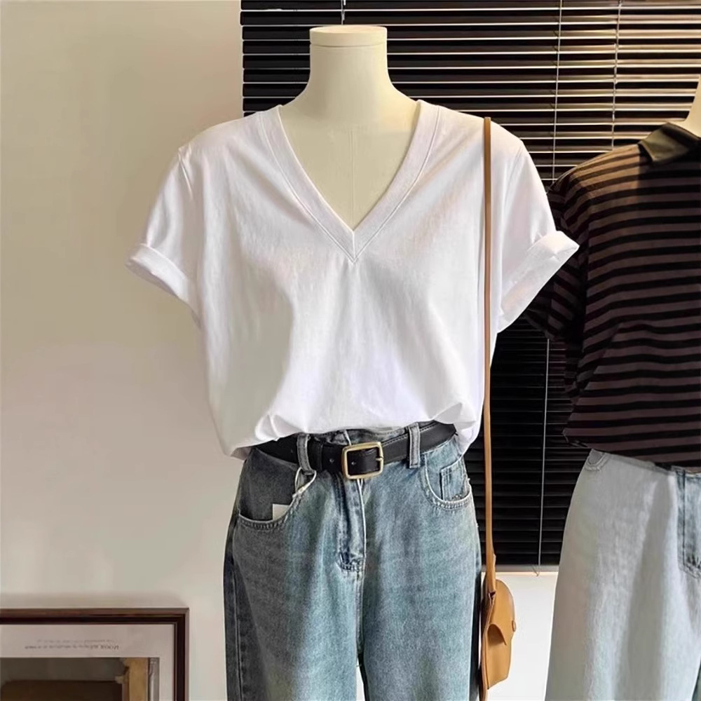 White Front Shoulder Short-sleeved Women's T-shirt Summer 2025 New Top Popular Fat MM Large Size Korean Version Loose V-neck Bottoming Shirt_ecoleips.com
