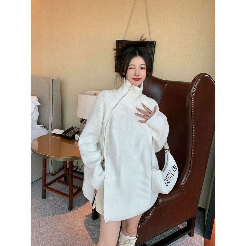 小众高领拉链加厚毛衣女秋冬季慵懒风宽松中长款针织衫设计感上衣|undefined