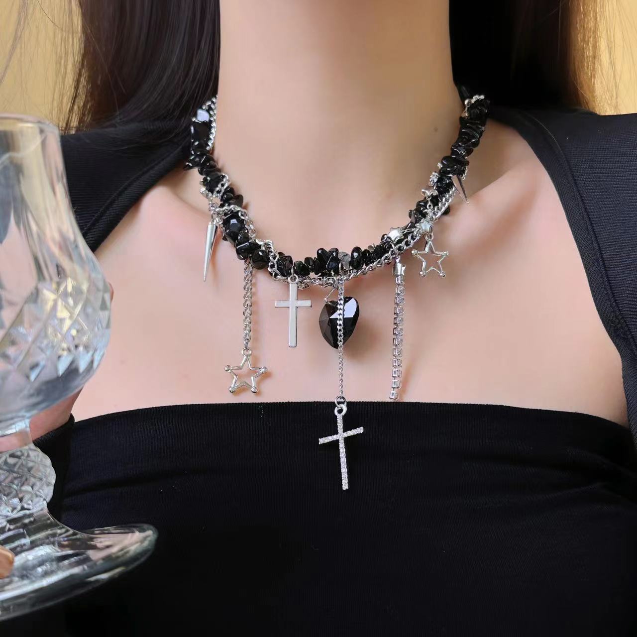 Sweet Cool Spice Girl Crystal Love Beaded Cross Necklace Women's Choker Niche Tassel High-end Light Luxury Necklace Chain