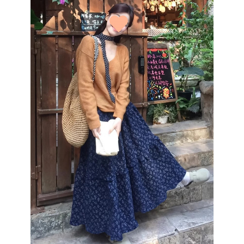 法式复古碎花半身裙女春季新款高腰显瘦遮胯a字半裙中长款大摆裙|undefined