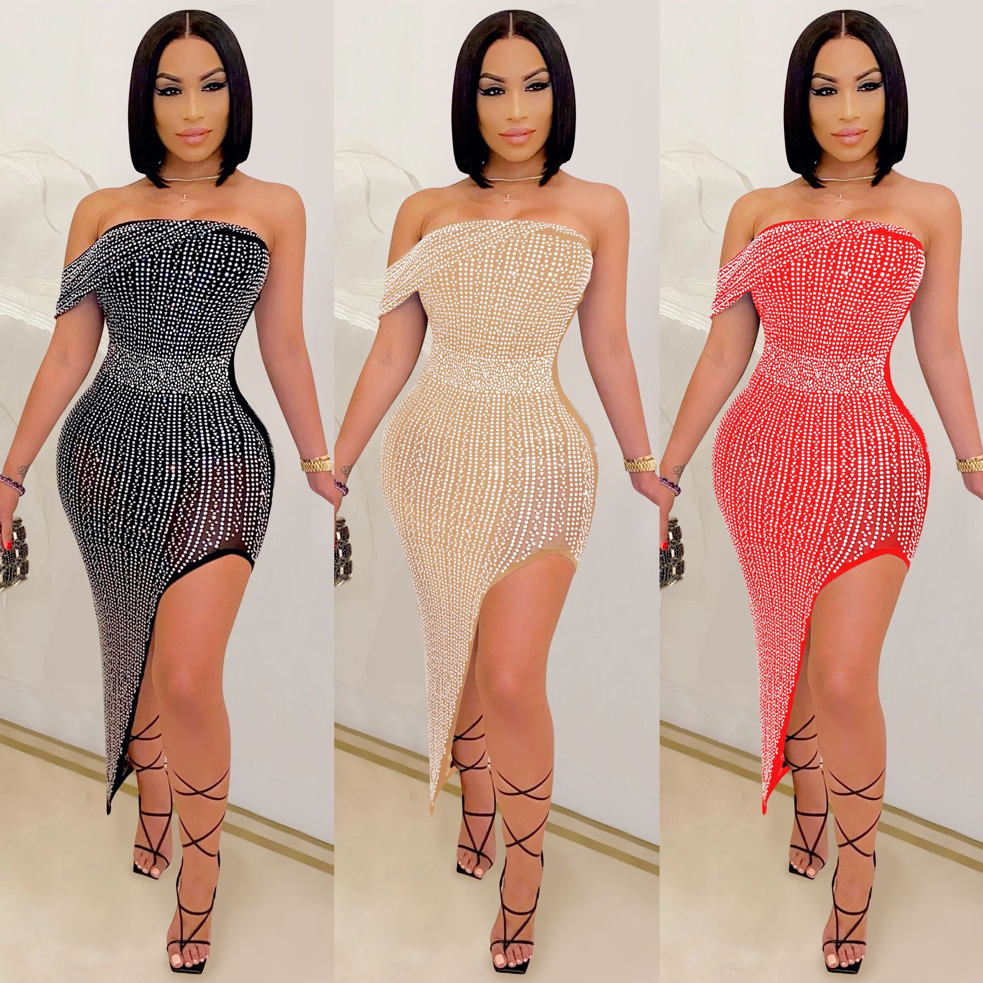 X5046 transfronterizo Amazon AliExpress vestido de noche europeo y americano rhinestone malla hilo envuelto pecho irregular vestido de mujer image 1