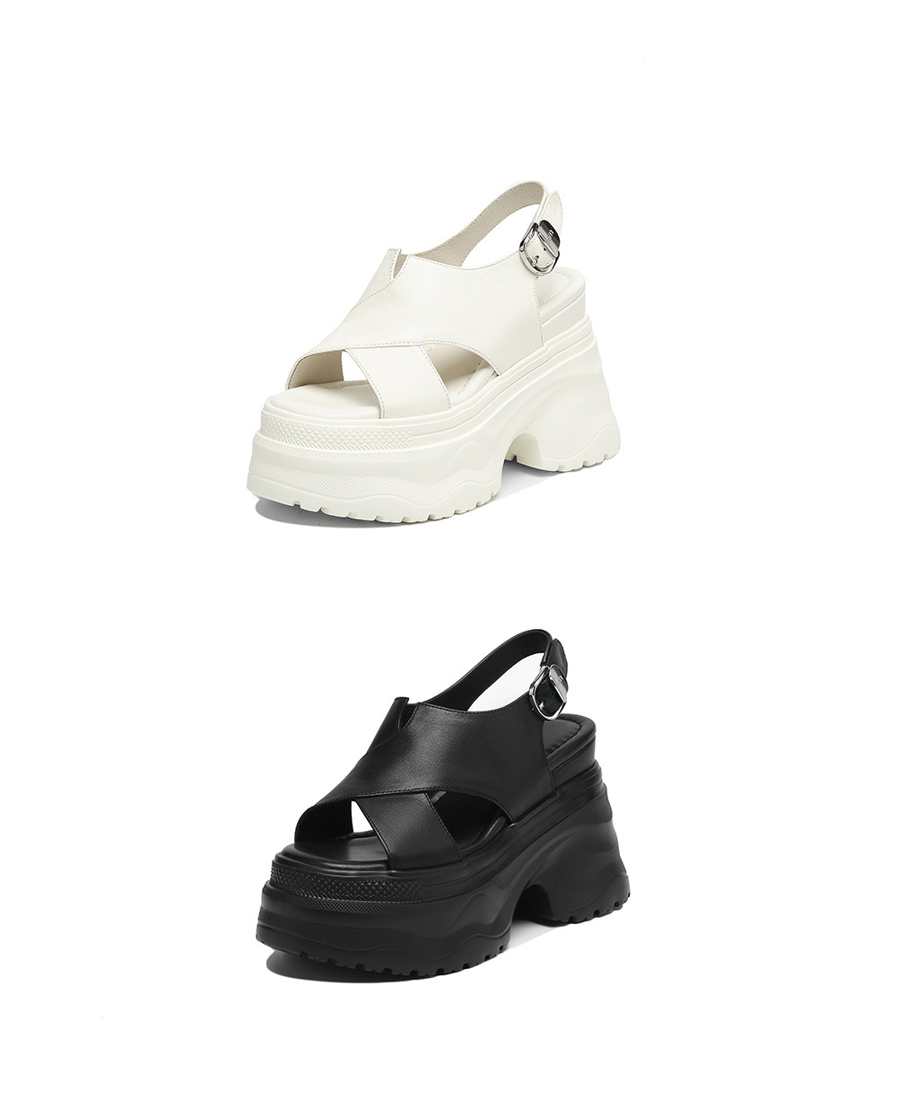 Sandal nữ da bò cao gót 12cm đế xuồng tăng chiều cao mùa hè — màu đen, màu trắng ngà chi tiết 23