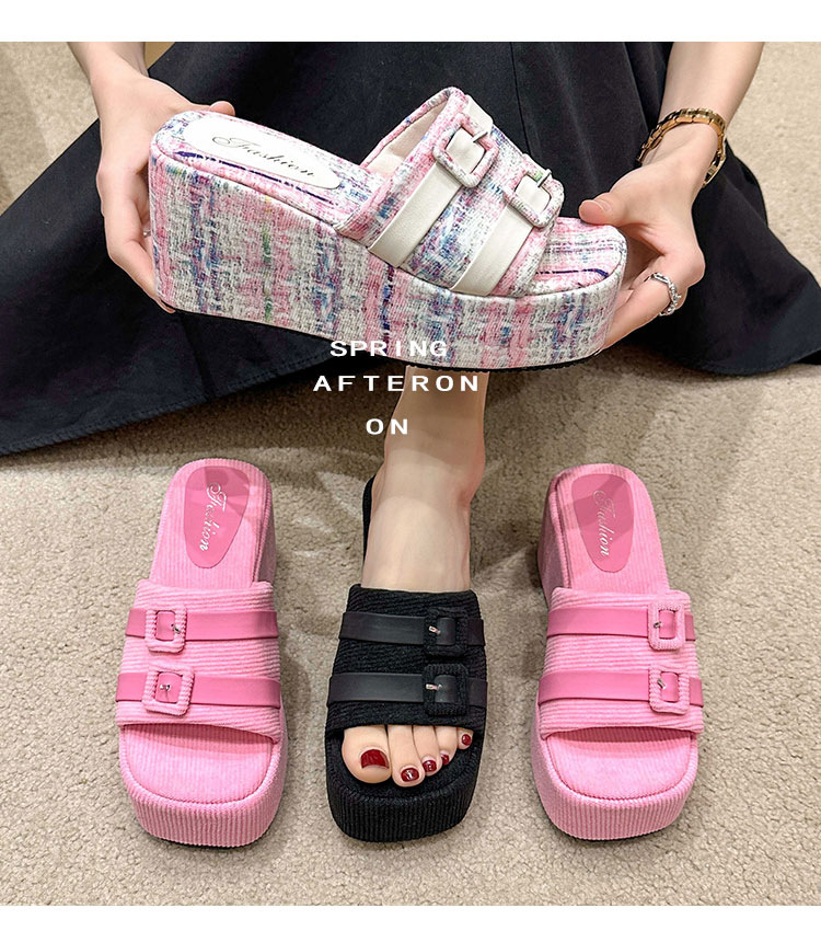 Wedge slippers for women's outer wear 2024 summer new belt buckle Internet celebrity versatile non-slip thick sole slip-on large size wholesale_voghion.com