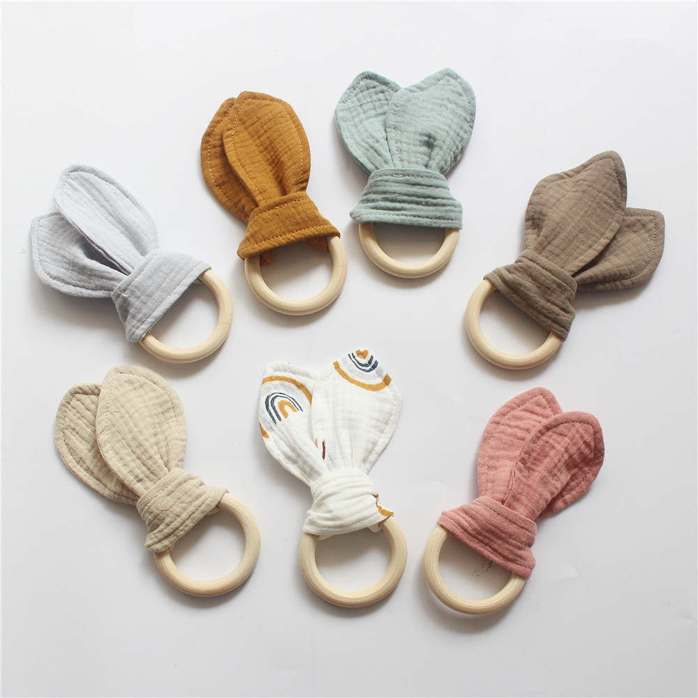 23g Weight Teething biscuits Toys Type 1 Piece Quantity Cloth, Wood Material Solid Color, Bow Knot Pattern Cute Style Cotton Gauze Wooden Teething Ring Baby Hand Grasping Training Toy Cute Solid Color Baby Accessories 9